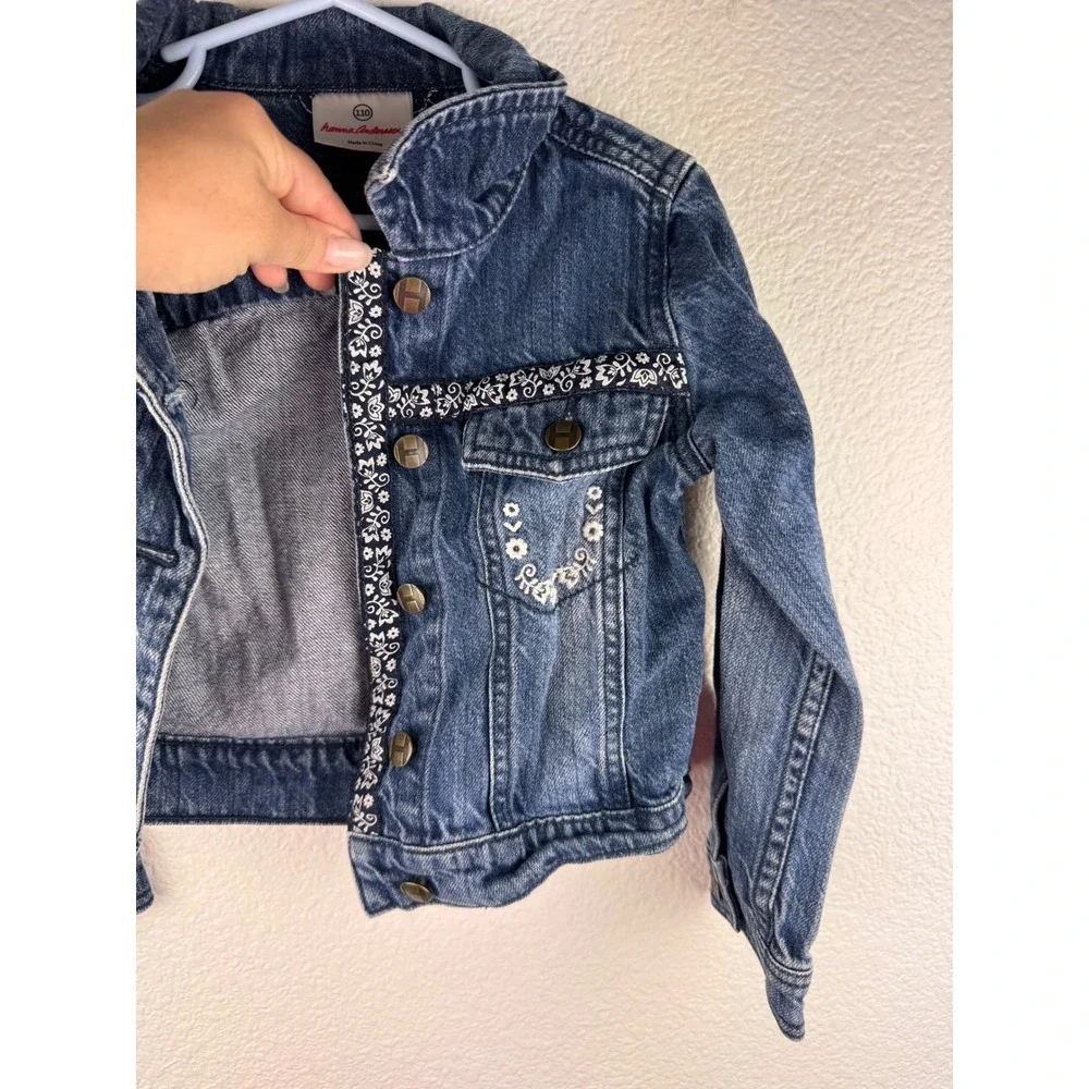 Hanna Andersson Embellished‎ Denim Jacket Distressed Floral Embroidered Size 5
